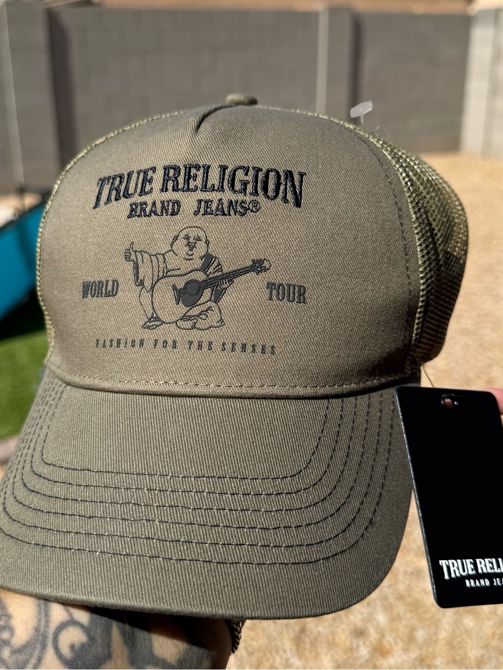 True Religion Mens Kalamata Olive Green TR Trucker Buddha Logo Hat NEW Y2K Style